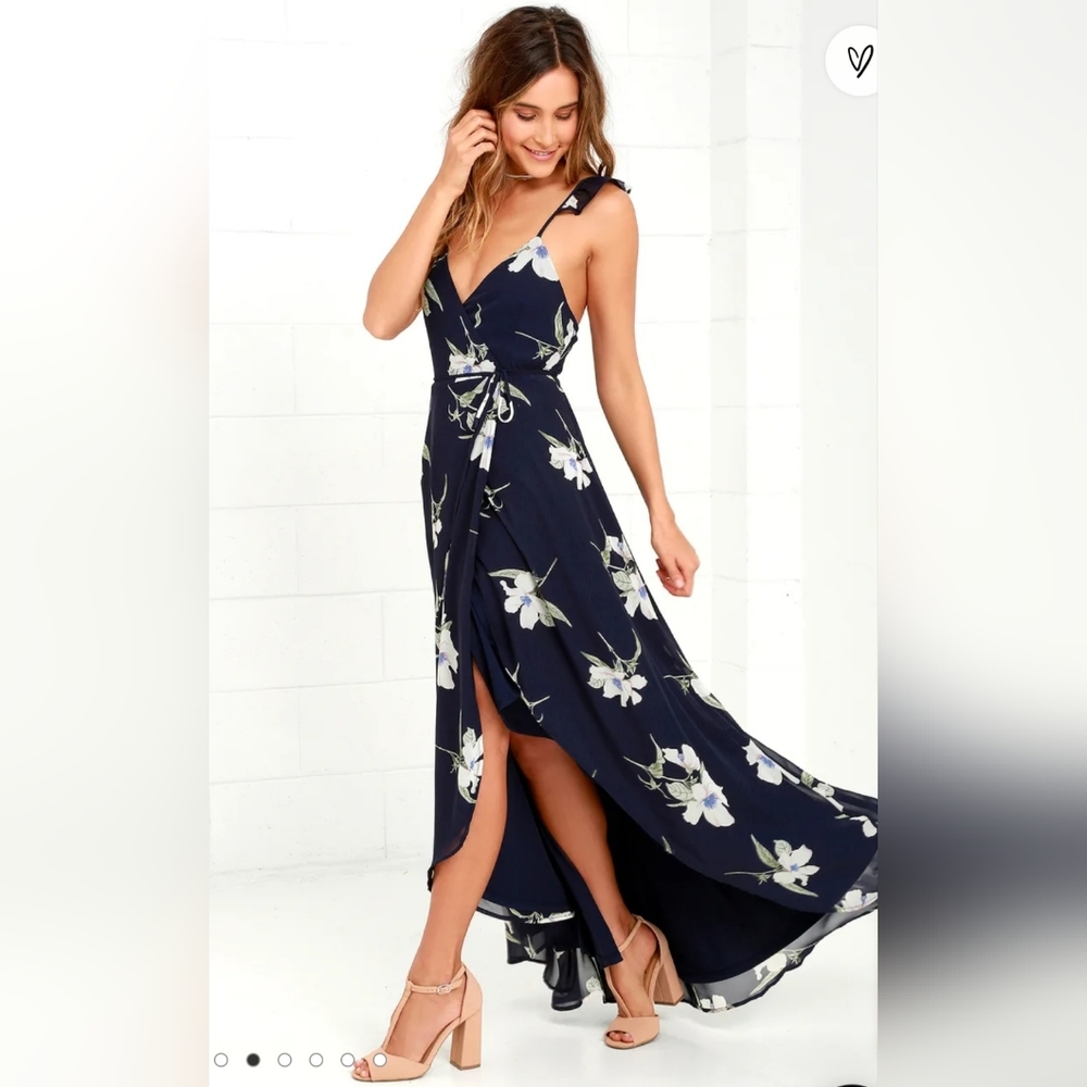 Lulus - All Mine Navy Blue Floral Print High-Low Wrap Dress